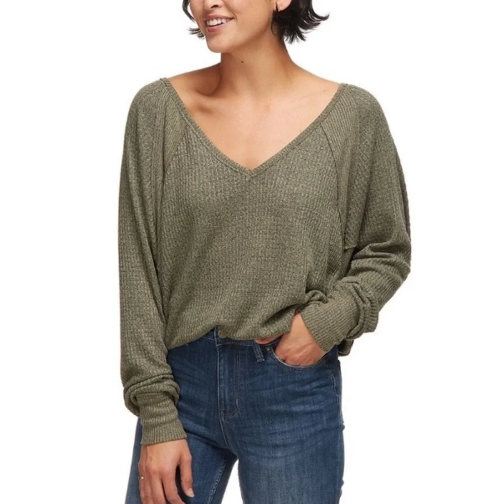 Free People Santa Clara Thermal Top Green Long Sleeve Top 100% Cotton